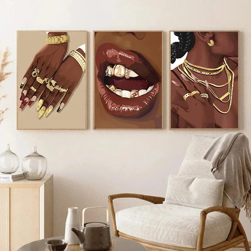 Fashion African Black Female Girl Portrait Nail Golden Grills Poster Wall Art Pictures Canvas Painting Bedroom Home Salon Decor