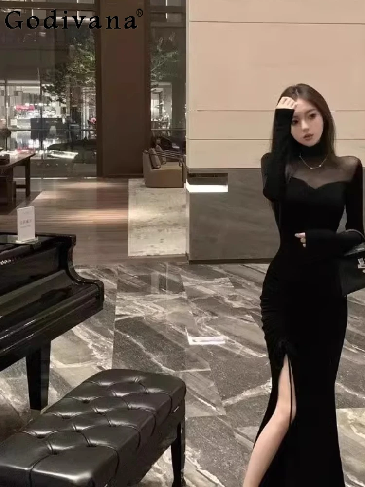 

Sexy Gauze Large Size L-4XL Crew Neck Long Sleeve Slim Split Dress Spring Autumn New Black Fashion Lace-up Korean Long Dresses