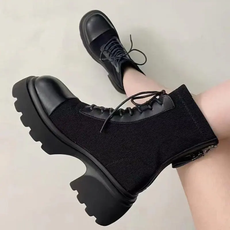 Black Mid-Calf Boots Women Shoes Autumn Boots-Women Round Toe Low Mid Calf Lolita 2024 Rubber Ladies Solid Slip-On Flock New