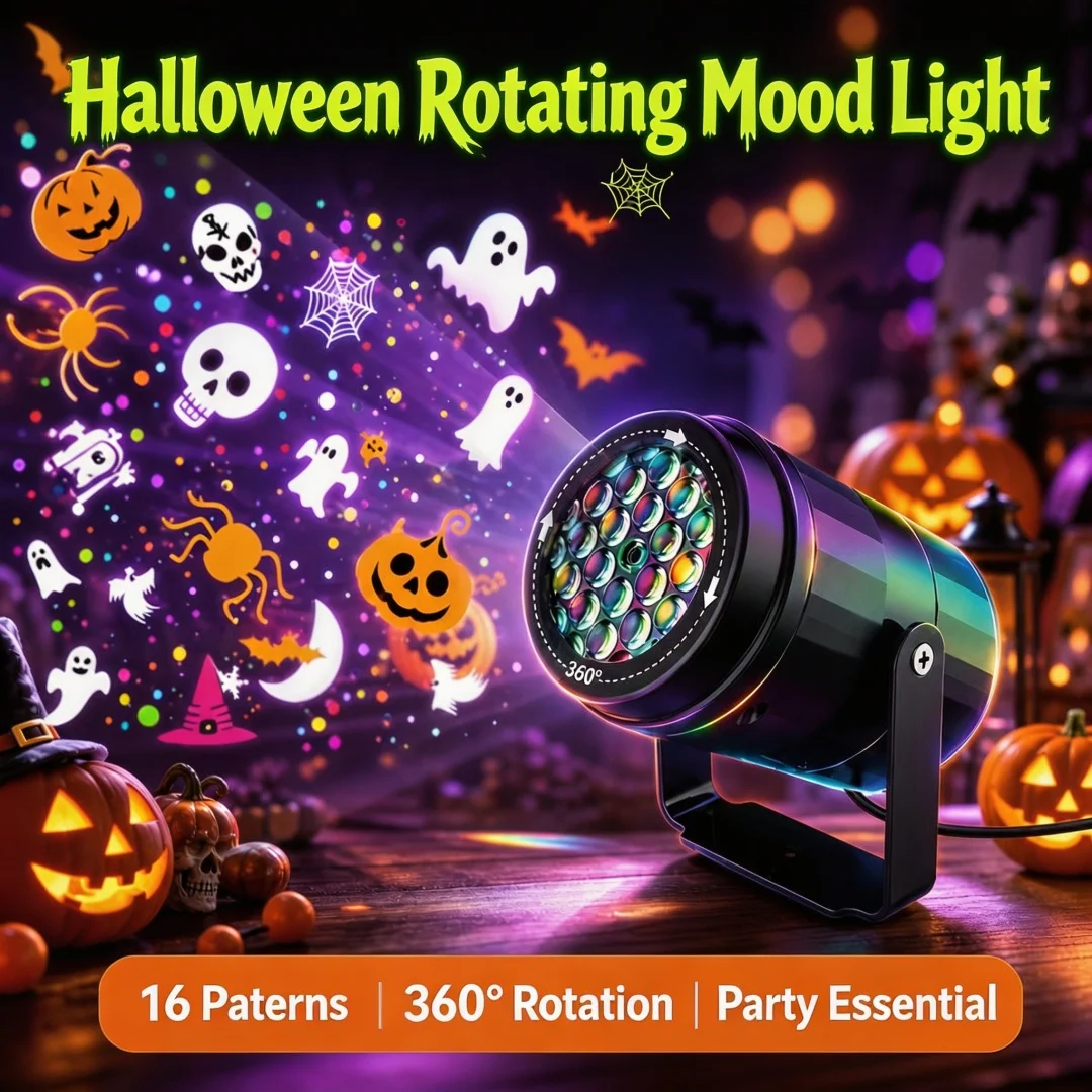 Halloween Christmas Projection Light 360° Rotatable 16 Patterns USB Projector Lamp Holiday Party Atmosphere Decor Supplies