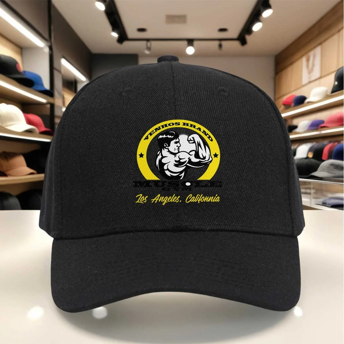 Venhos Brand Muscle Gym Los Angeles California Baseball Cap with Strongman Emblem, Black & Yellow Design, Gym Sports Dad Hat for