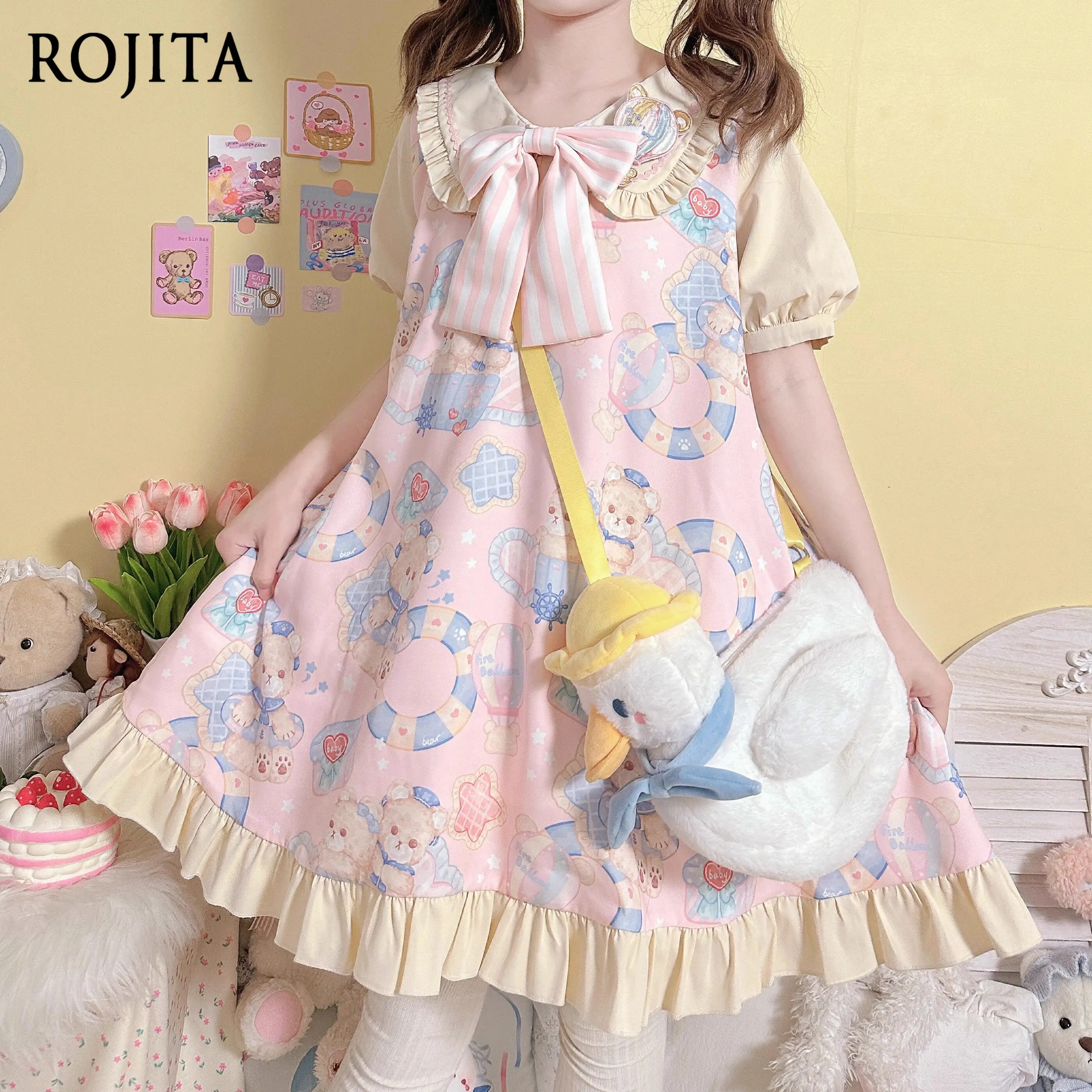 

SCute Sailor Bear Print Lolita Dress Girl 2026 New Short Sleeve Ruffle Collar Dress Op Bow Ruffle Sweet Girl Summer Outfit