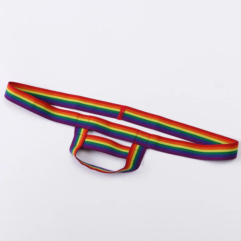 Men's Rainbow Stripe Thong, Polyester Fabric Ring Design, Sexy Enhancing Pouch Underwear, Pride Theme Lingerie for Intimate Wear
