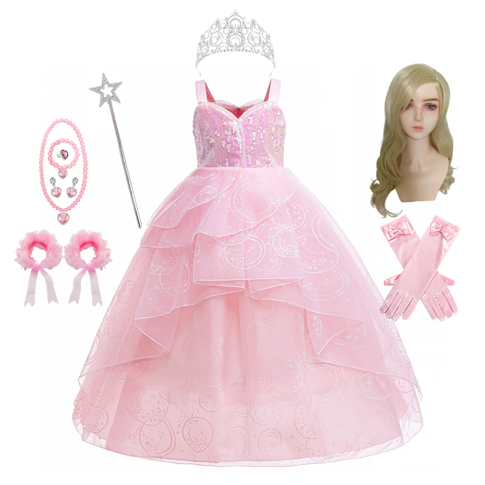 Child Wicked Witch Cosplay Glinda Pink Dress Girl Performance Wedding Dress Evening Ball Gown Halloween Witch Costume
