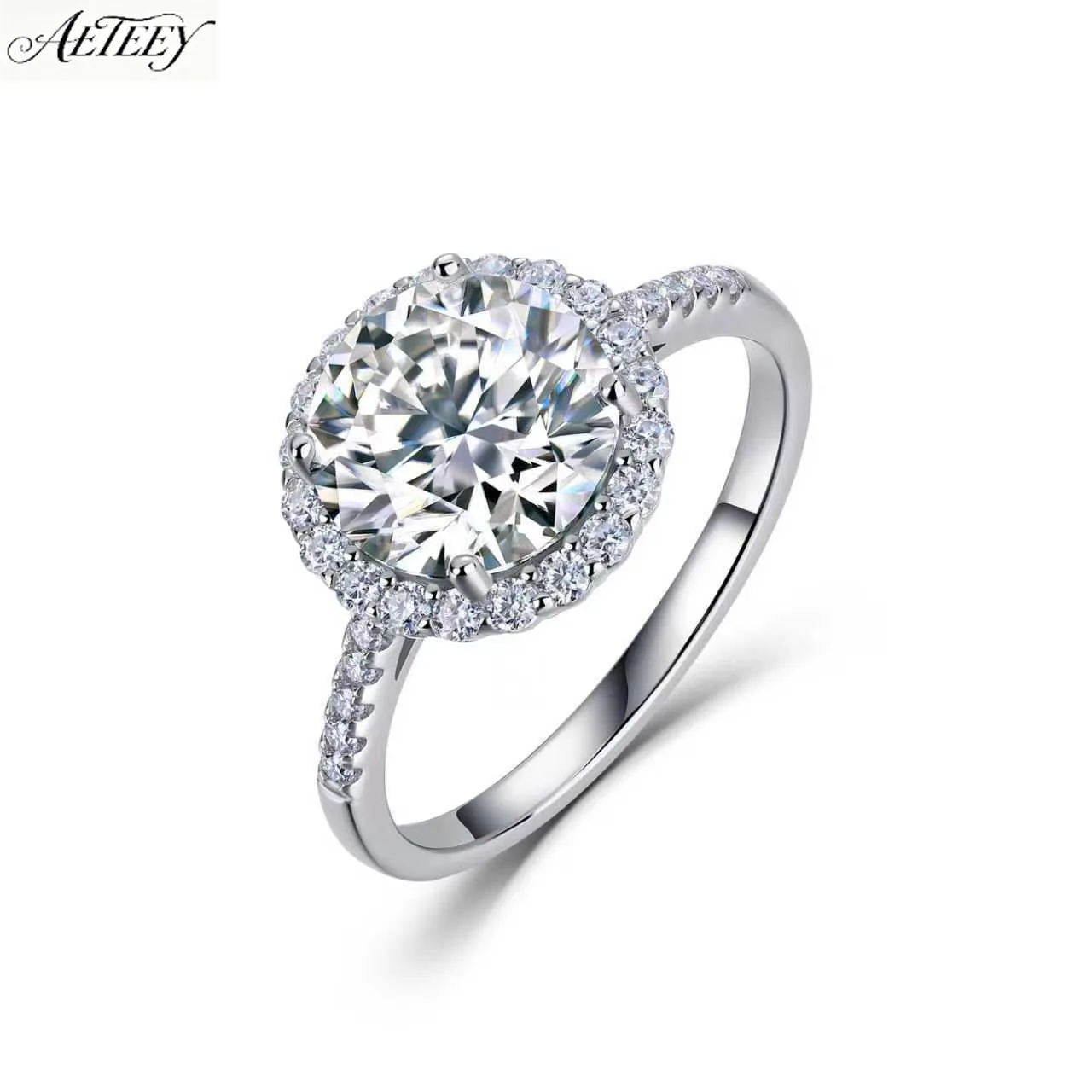 AETEEY 3 Carat S925 Silver Moissanite Ring Halo Setting Sparkling Luxury Women Engagement Finger Jewelry