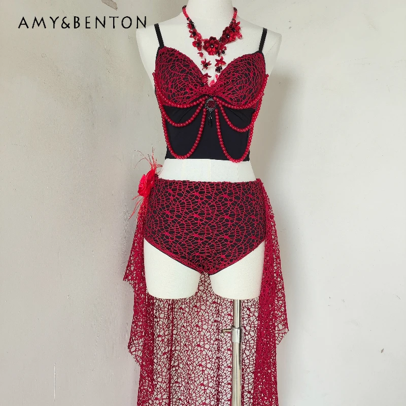 

European American Gothic Sexy Burgundy Beaded Women's Sling Original Design New Sweet Cool Irregular Tail Half Skirt Set Ladies