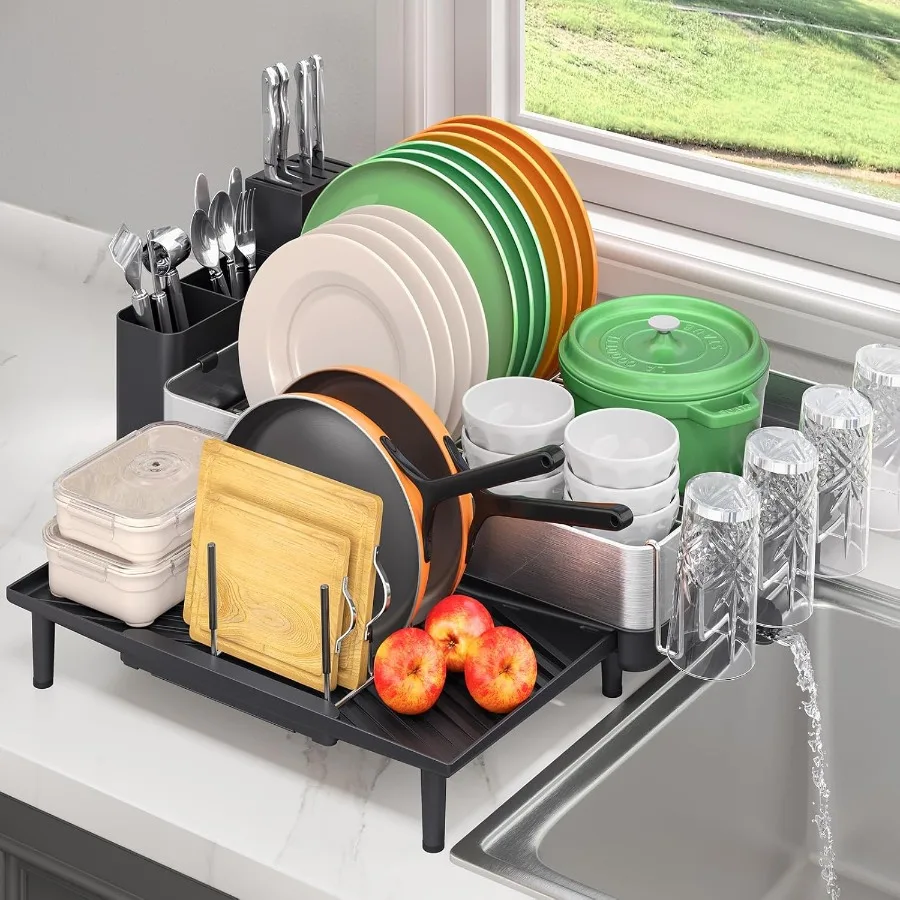 

Large Dish Drying Rack for Kitchen Counter Expandable 304 Stainless Steel Dish Rack Black Foldable Dish Drainer Rack Extendable