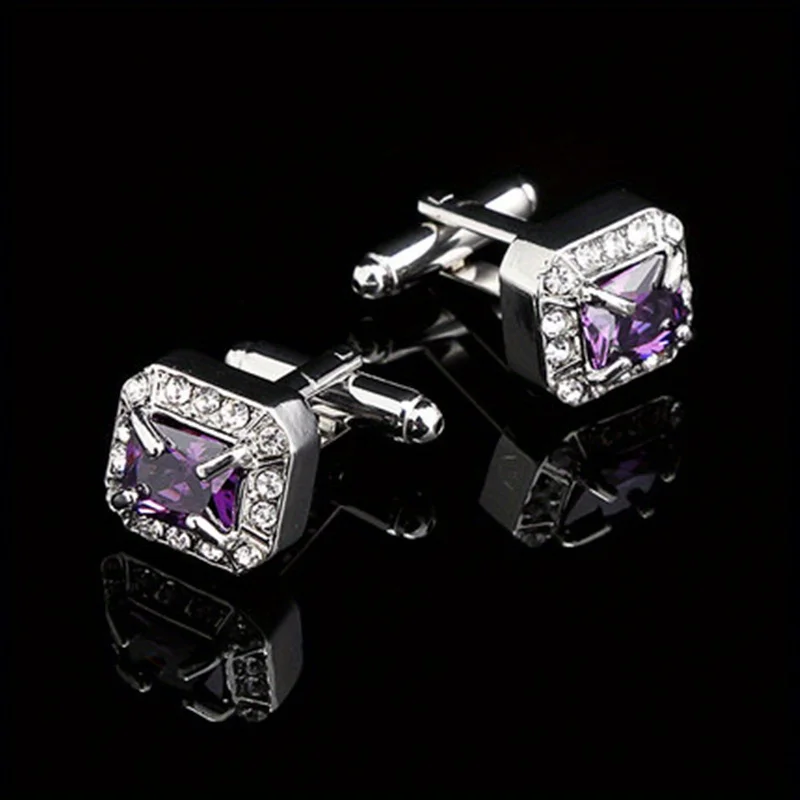 Elegant Alloy Cufflinks With Purple Zirconia Crystal & Clear Accent Stones For Men & Women - Heart Touch Design Lawyer Shirt Acc
