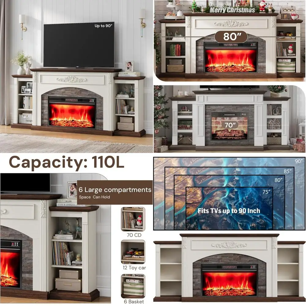 

90 Electric Fireplace TV Stand, Modern Entertainment Center with Stacked Stone Look