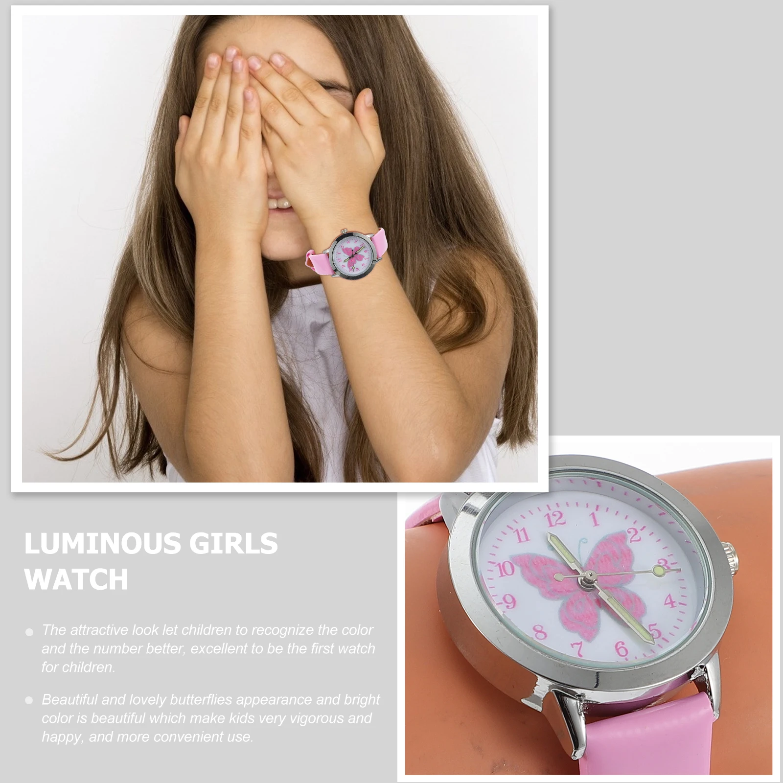 1 orologio per bambini, orologio con motivo a farfalla luminosa, per ragazze, regalo per bambini, design multifunzionale durevole in lega di PU, quadrante trasparente