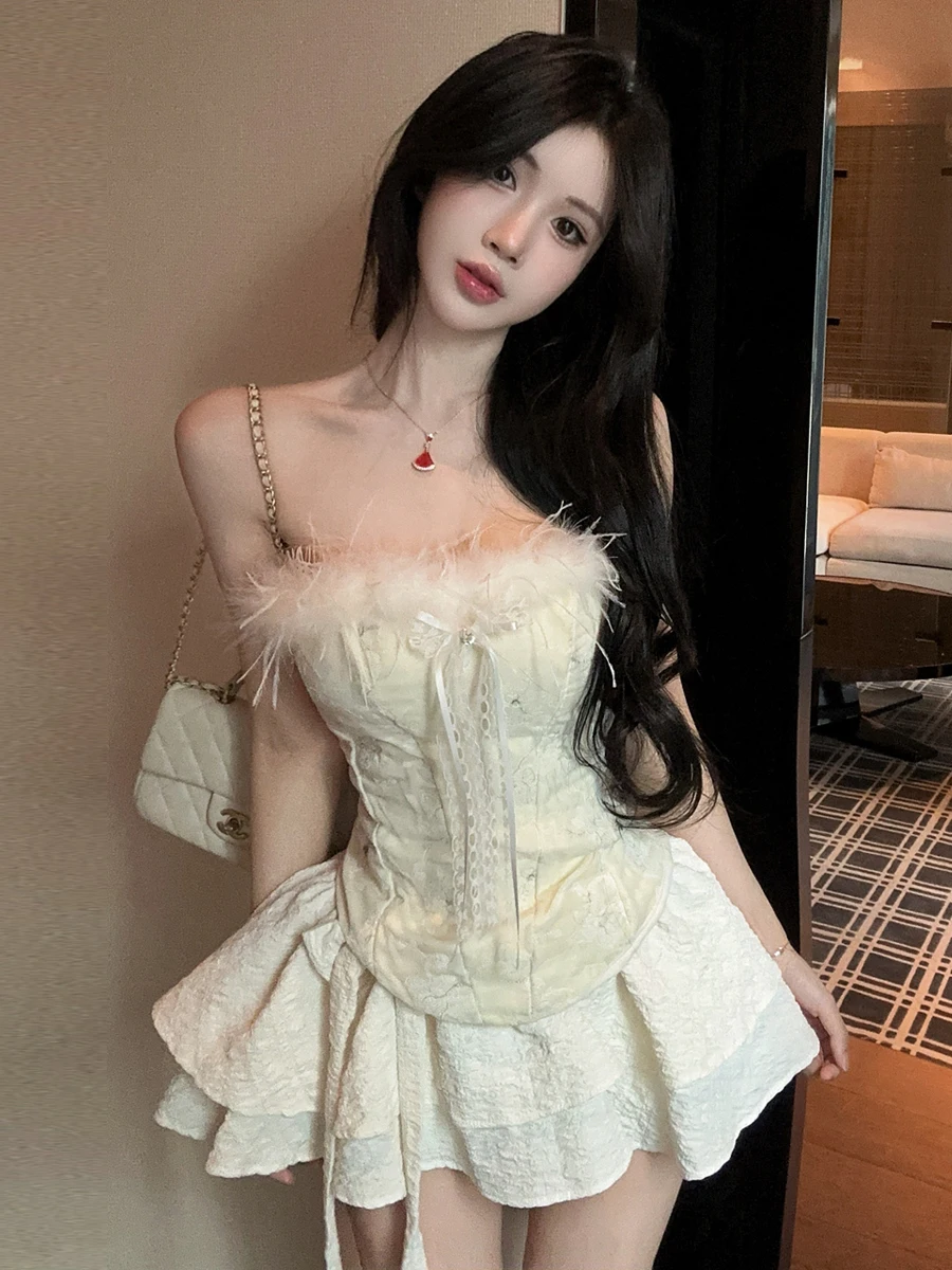 Sweet  Knot Embroidered Pure Desire Strapless Bustier Top High Waist Puffy Cake Skirt Women's Ensemble Summer Fashion