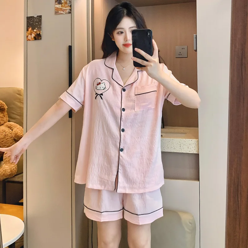 Pyjama d'été à manches courtes, short, Hello Kitty, décontracté, avec coussinet de poitrine, ensemble deux pièces de dessin animé mignon