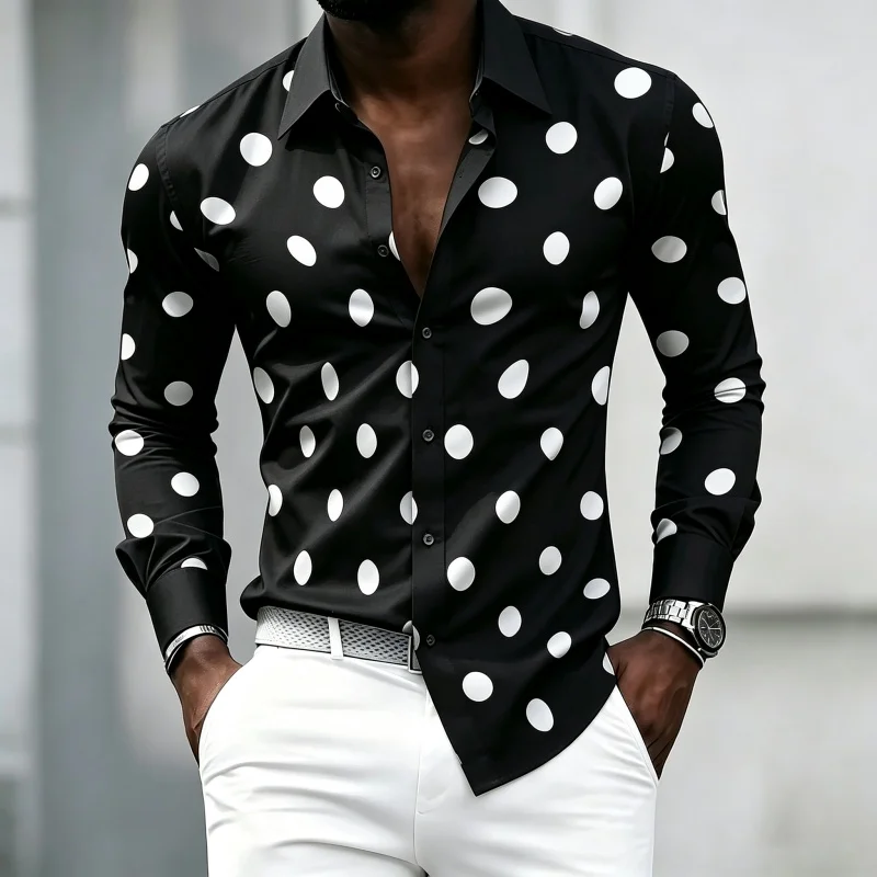 Men's shirt with polka dot print, trendy and personalized lapel shirt, business casual and comfortable men's clothing XS-6XL