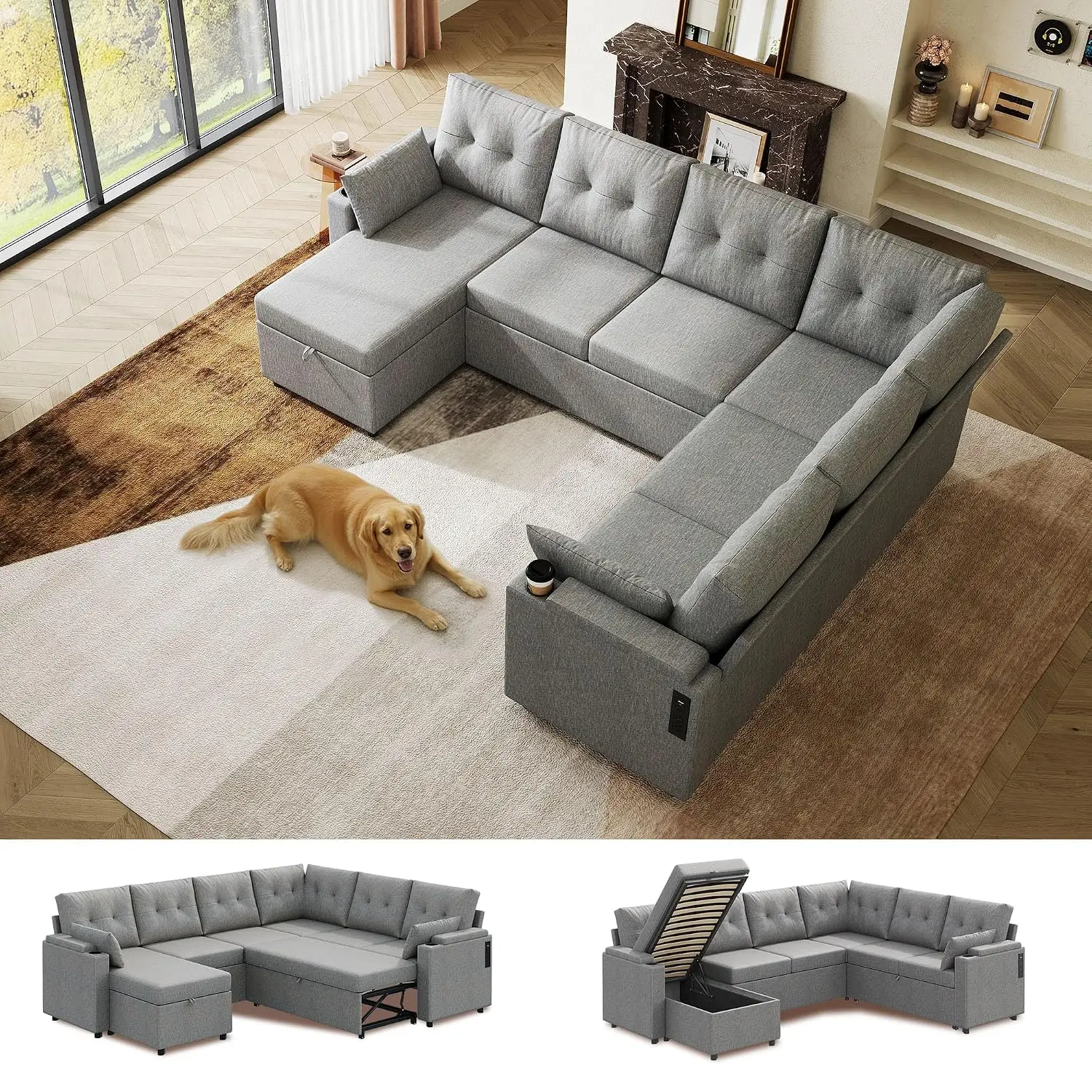U Shape 7 Seat Sectional Sofa with Pull Out Bed, Storage Chaise, Removable Cover, Cup Holders, USB Charging, 110
