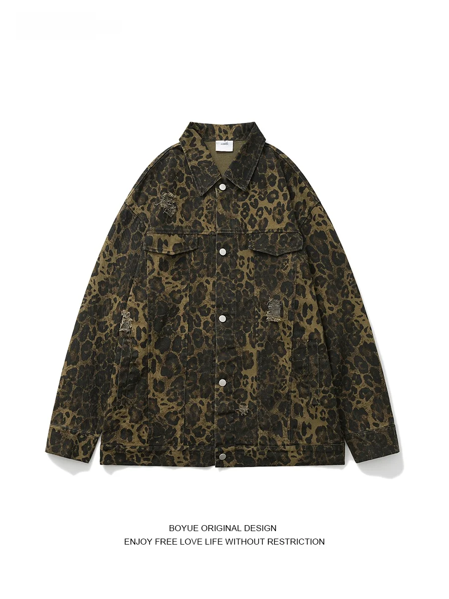 

Мужская джинсовая куртка Boyue в американском уличном стиле с леопардовым принтом, джинсовая куртка с дырками, повседневная, свободного кроя, молодежный тренд, весна-осень...