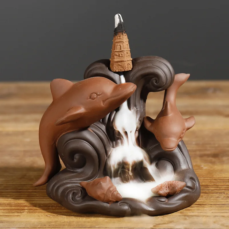 Purple Clay Ornamental Tower Incense Backflow Incense Burner Creative Marine Animal Dolphin Sandalwood Backflow Aromatherapy Bur