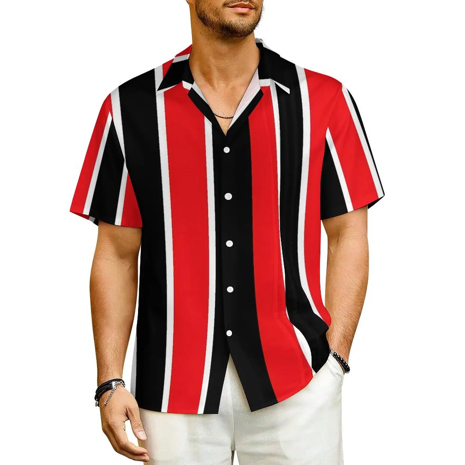 

Summer Shirt Vacation Red White And Black Striped Blouses Lines Print Classic Casual Shirts Men Short Sleeve Oversized Clothes