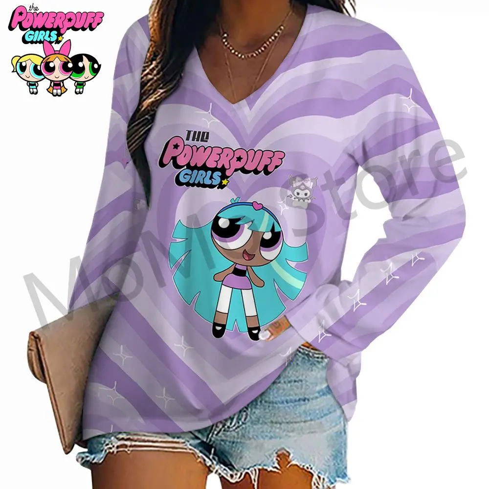 The Powerpuff Girls V Neck Women's Long Sleeves T-shirts Youthful Woman Clothes Street Wear Leisure Autumn Lovely Sale 3D Print