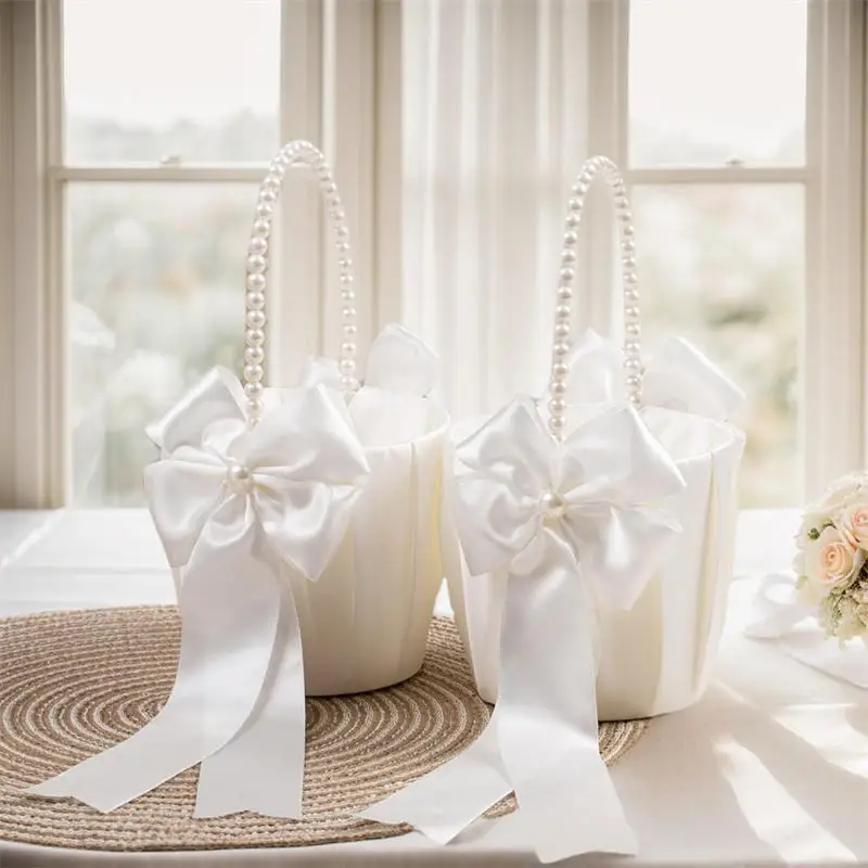 White Satin Pearl‑Knot Flower Basket Wedding Party Bride Hand‑Held Flower 2026 Wedding Decoration Supply