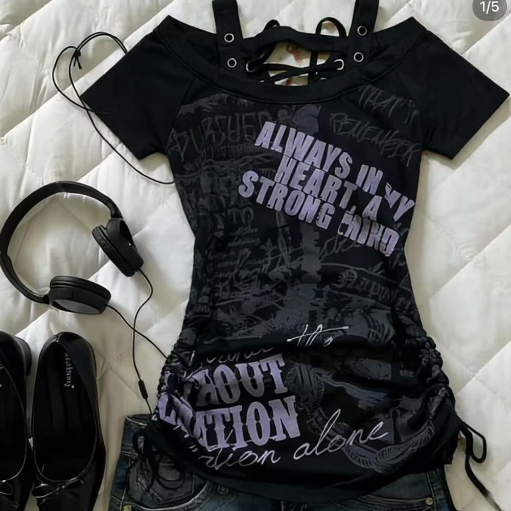 

Y2K Retrot-Shirt Women's Subculture Street Wear American Bandage Slim Fit T-Shirt Retro Fashion Letter Printed Patch Women's Top
