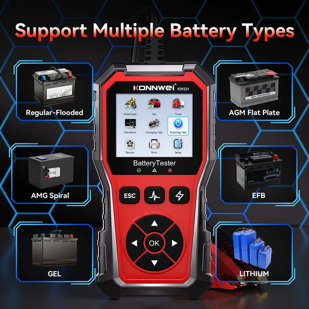 KONNWEI KW331 Multifunctional Automotive Battery Diagnostic Tool 6V 12V 24V Car Battery Tester Supports Multiple Languages