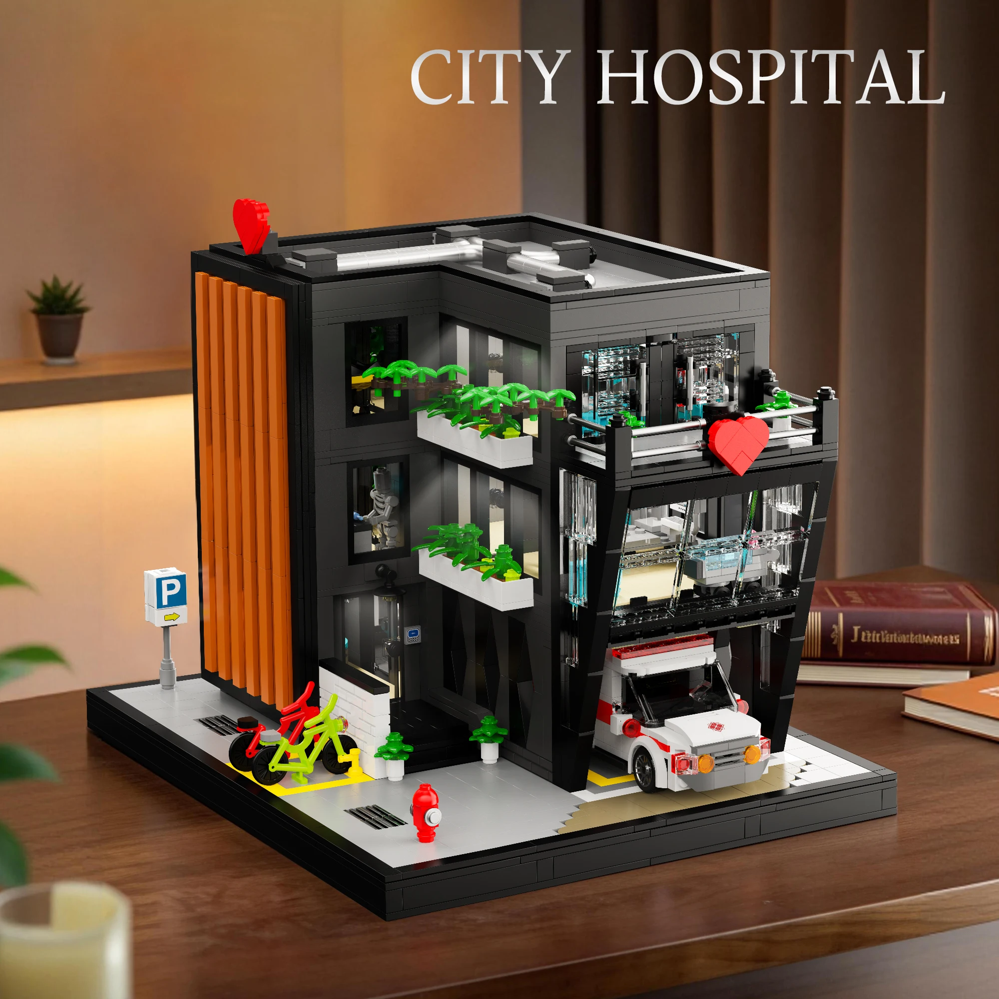 

2571PCS City Hospital Ambulance Building Blocks Modern Building Street Scene Model Bricks With Light Desktop Ornament Puzzle Toy