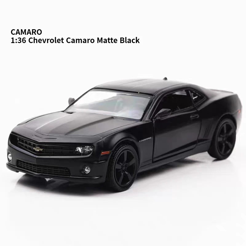 

1:36 scale alloy-bodied Chevrolet Camaro, doors open, pull-back motor for smooth coasting, ideal as a collector's gift.