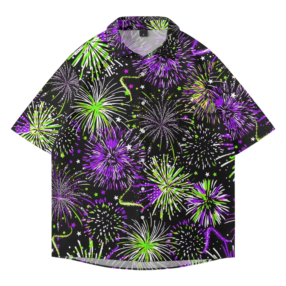 

Summer casual oversized short sleeved shirt with fireworks pattern elements, loose trend beach single breasted fashionable shirt