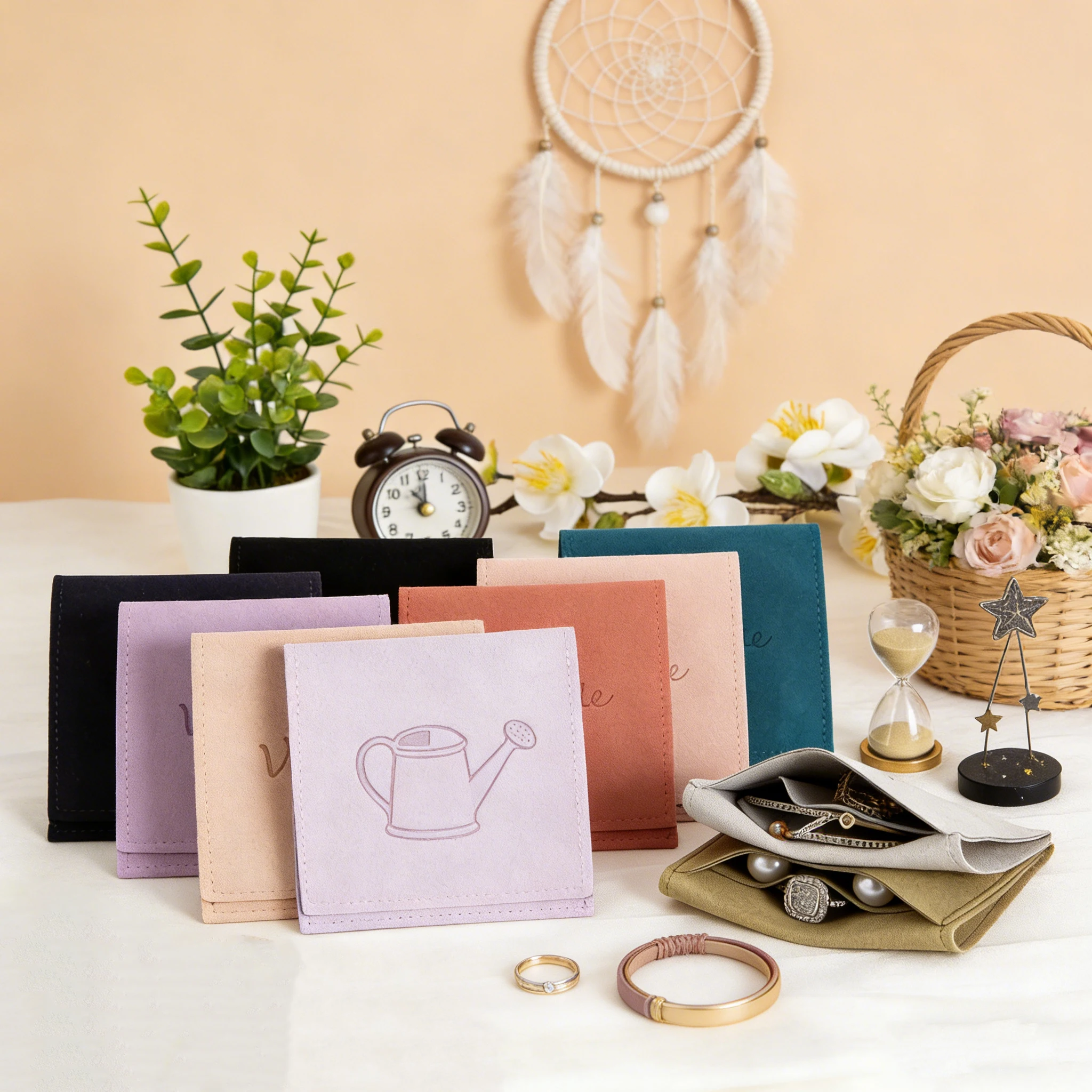 

100pcs Custom Logo 8x8cm Microfiber Jewelry Bags with Compartments Wedding Party Gift Earrings Rings Dust Storage Pouches