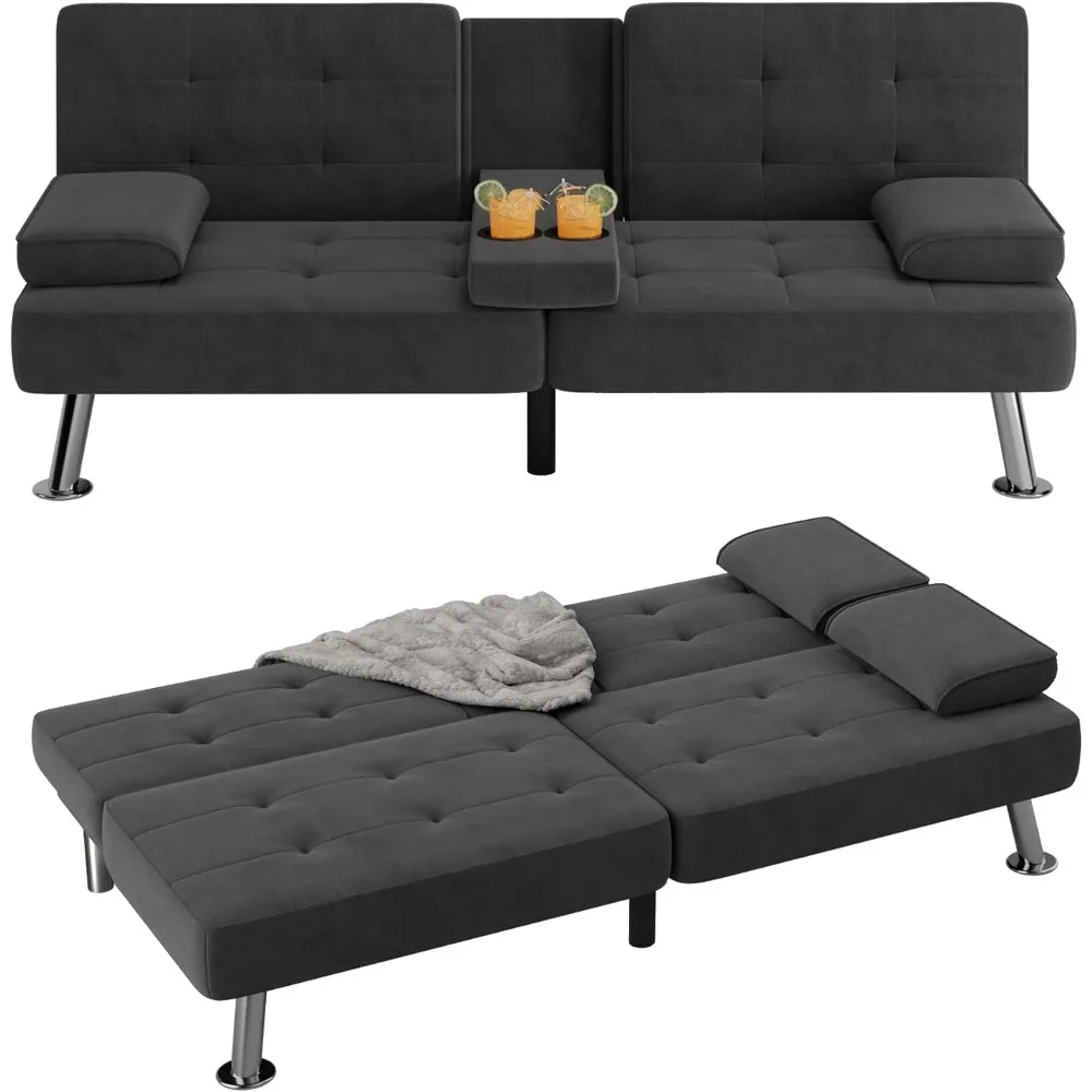 

Futon Sofa Bed Modern Folding Futon Set Linen Fabric Convertible Recliner Lounge for Living Room with 2 Cup Holders, Removable