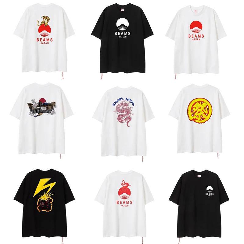 

New Beams Short Sleeve Classic Black White Loose Breathable Cotton Top Men Women Summer Trendy Japanese Harajuku Style T-shirt
