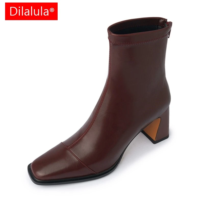 Dilalua Autumn Winter Genuine Leather Women Ankle Boots Office Ladies Thick High Heels Zipper Closure Short Booties 2025