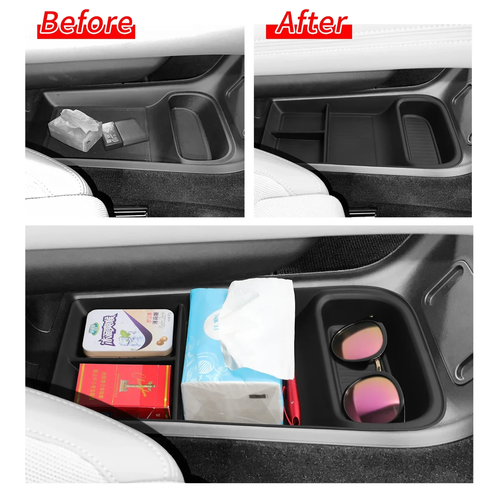 

BLACK Car Central Storage Box for Polestar 4 2023 2024 Center Console Lower layer Tray Organizer Tidying Interior Accessories