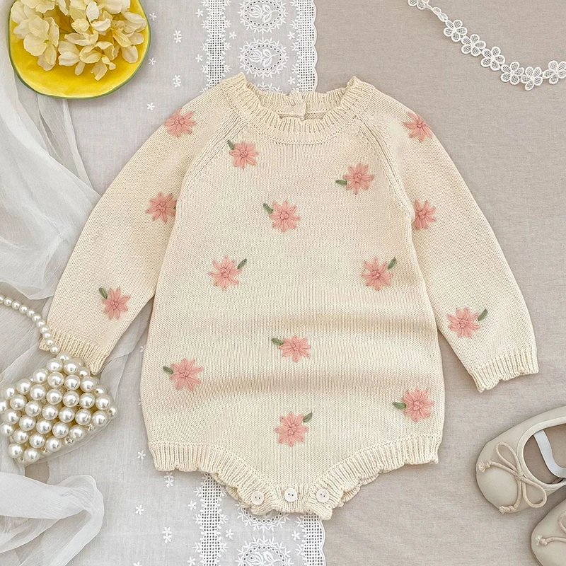 

2025 New Autumn Infant Baby Girls Knitted Jumpsuit Long Sleeved Knitted Flower Embroidery Toddler Baby Girl Knitted Romper