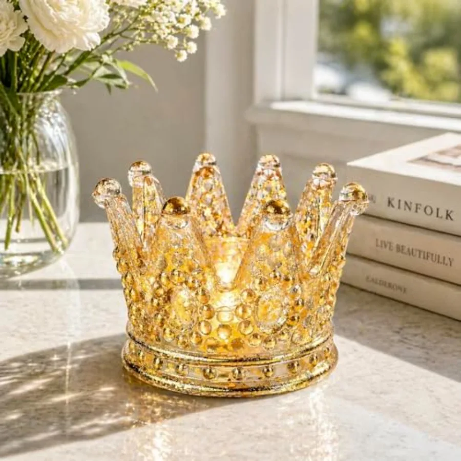 Luxury crown glass candle holder for home decor, gold-colored, elegant and versatile votive holder for candles, jewelry, floral