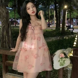 Dress Women Print Summer Cozy Leisure Sleeveless High Waist Sweet Cute Students Girl Fashion All-match Streetwear Office Lady