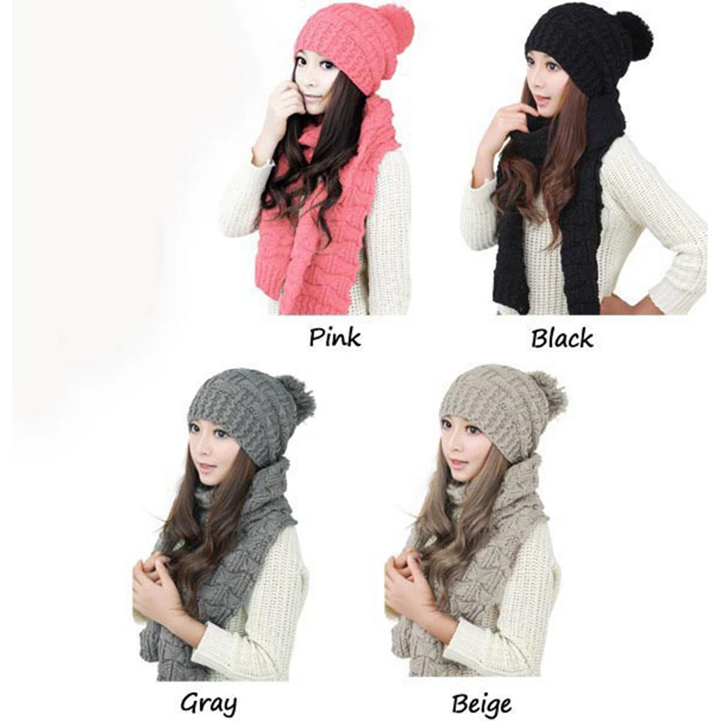 2 개/대 여자 여자 Pom Pom 비니 해골 모자 모자 스카프 겨울 가을 스포츠 따뜻한 스키 모자