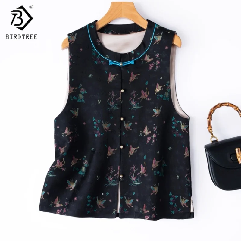 

Birdtree,100% Mulberry Silk Waistcoat,Women's Song Brocade Vest,Single Breasted,Butterfly Print,Chinese-style,2025 New T5D428JF