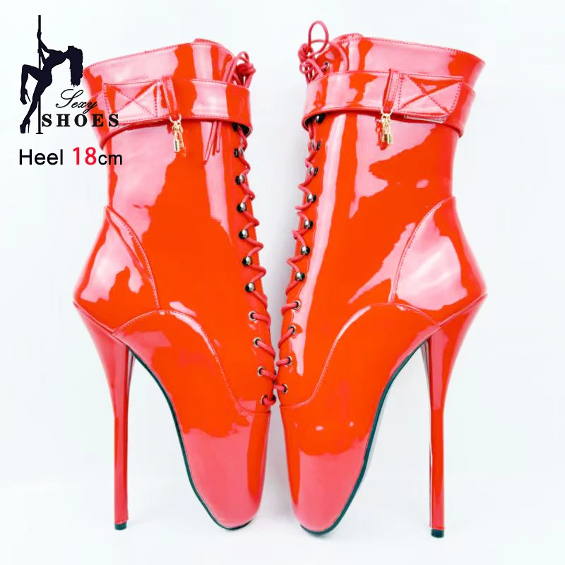

18CM/7'' Red Pointy Toe Women Ballet Boots With Lock Stiletto Heel Short Boots Designer New Ankle Wrap Strap Sexy Woman Shoes