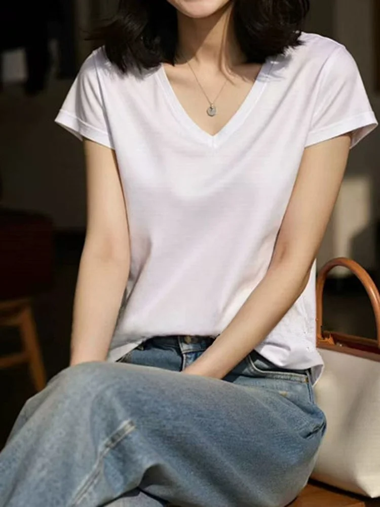 Ladies' V-Neck Short Sleeve T-Shirt White Loose Fit Slimming Summer New Style Commute Korean Version Standard Size Pure Color
