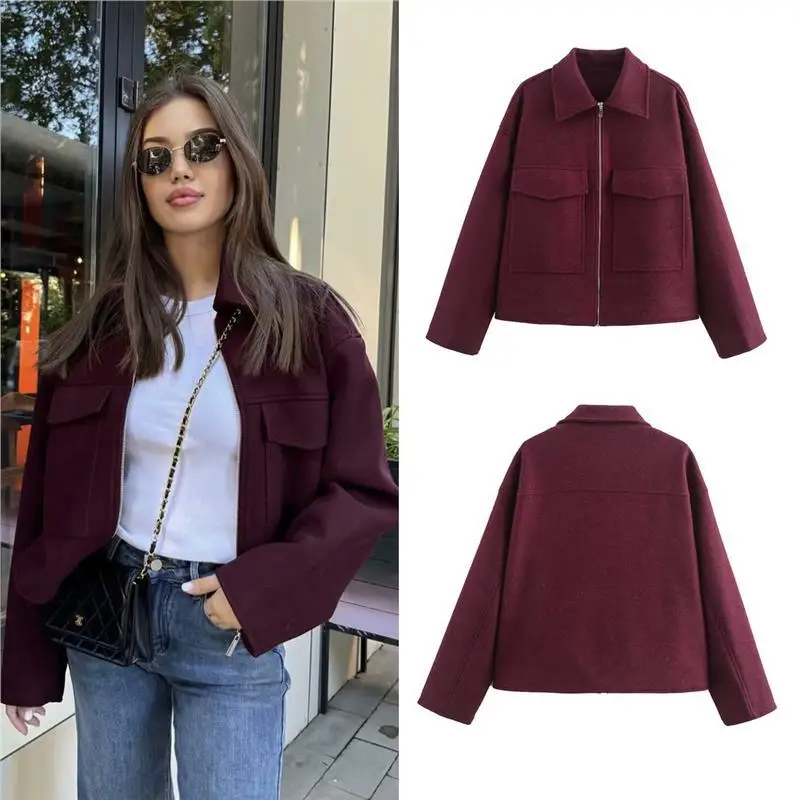 

Faionable Wine Red Large ket Zipper Woolen Coat for Women Cross-Border Long Sve Color PU Material B88782