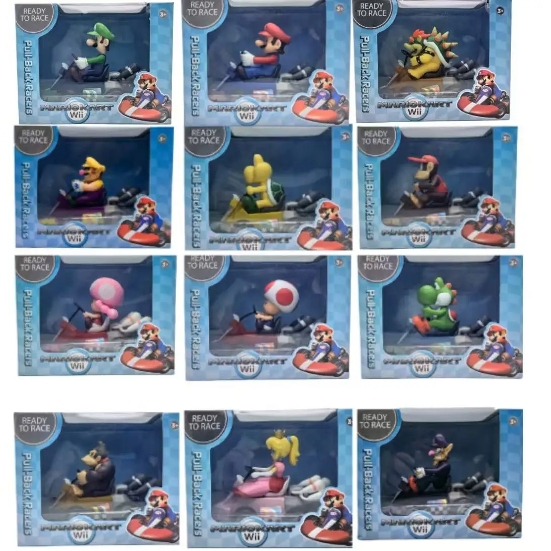 12cm Super Mari Karting Luigi Bowser Yoshi Toad figura de acción con caja extraíble coche Anime juego muñeca regalos para niños