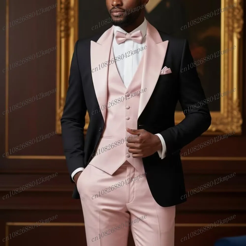 

Pink And Black New Men Suit Formal Groom Groomsman Wedding Party Prom Business Male Tuxedos 3 Piece Set Blazer Vest Pants
