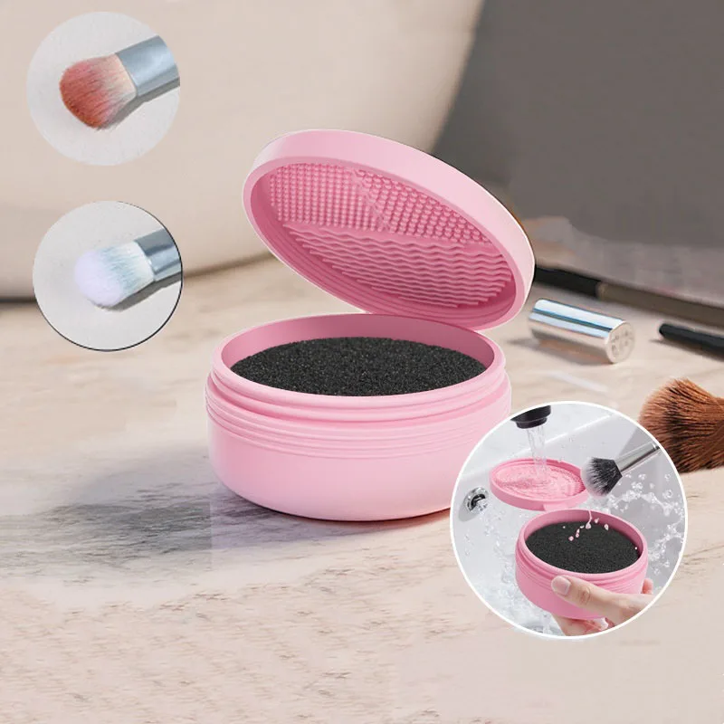 2pcs/set Household Cosmetic Beauty Tools Circular Silicone Brush Head Cleaning Box with Dry Cleaning Sponge Makeup Accessories
