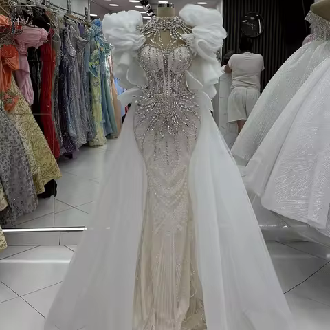 Elegant Glamorous Rhinestone Evening Dress With Train Beaded White Lace Mermaid Dress Prom Dresses Banquets Long Ball Gown