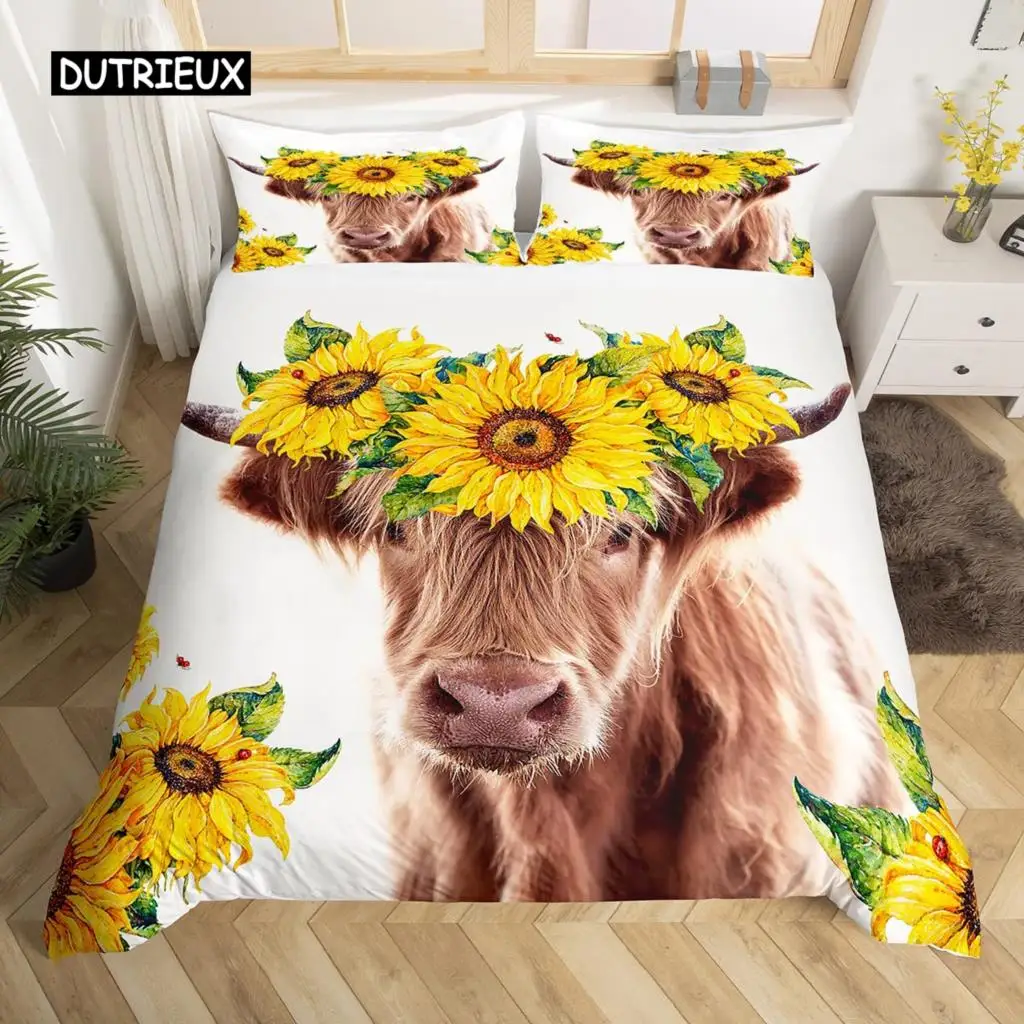 Highland Cattle Duvet Cover Set Cute Floral Cow Twin Bedding Set Yellow Sunflower Comforter Cover Animal Polyester Quilt Cover