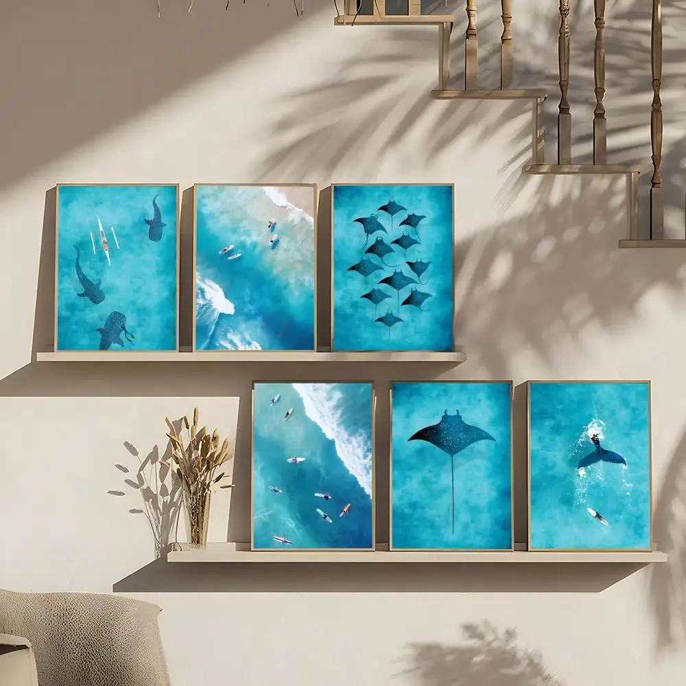 Watercolor Ocean Marine Organism Whale Shark Manta Rays Poster HD Mural Wallart Waterproof Print Decor For Home Decora Durable