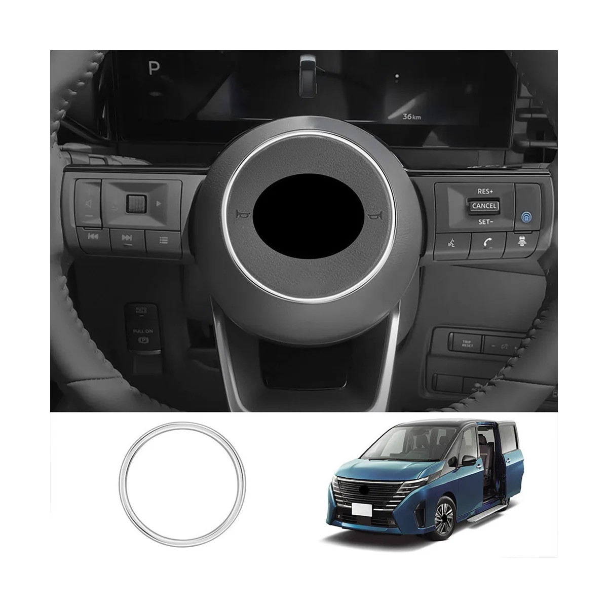 For Nissan SERENA C28 2022-2023 Silver Car Steering Wheel Ring Trim Interior Frame Cover Trim