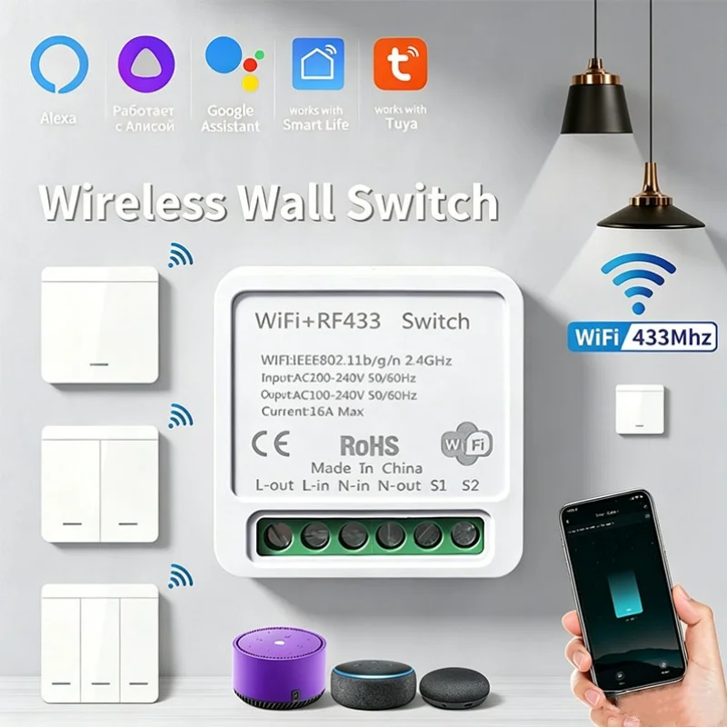 Tuya WiFi Smart Switch 16A 433Mhz Wireless 1/2/3 Gang 86 Wall Panel Switch Voice Control Work with Alexa Google Home DIY Lamp