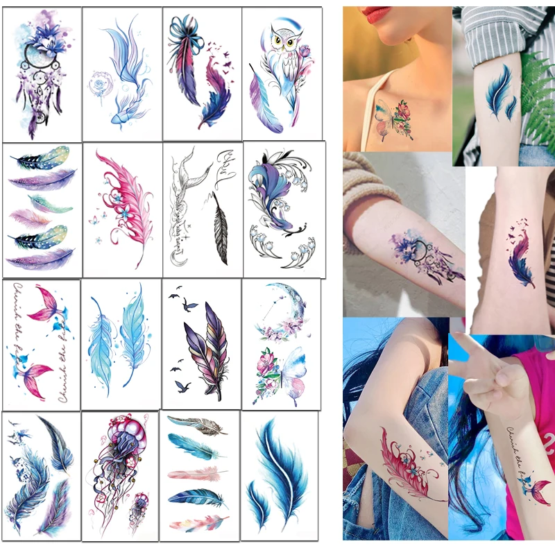 

16pcs Tattoo Sticker Temporary Whale Bird Jellyfish Tail Color Feather Butterfly Waterproof Body Art Arm for Kids Women MenTatto